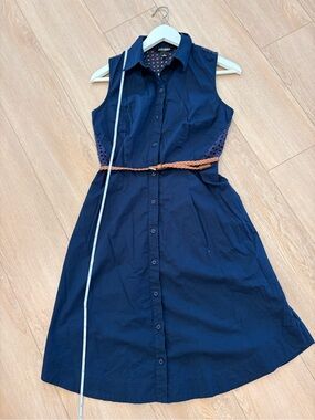 Roz & Ali Navy Sleeveless Shirt Dress with Braided Tan Belt